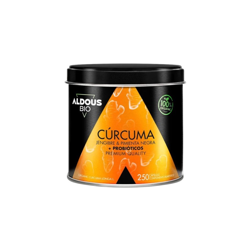 Cúrcuma Ecológica con Jengibre, Pimienta Negra y Probióticos Aldous. 250 cápsulas